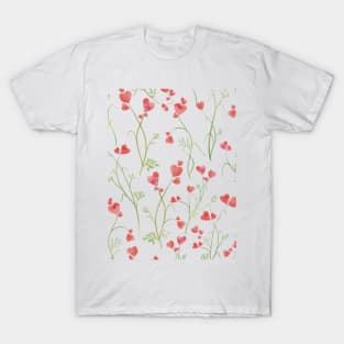 Hearts flowers cute watercolor print.  Pink and green romantic valentine pattern. Small spring flowers fantasy composition T-Shirt